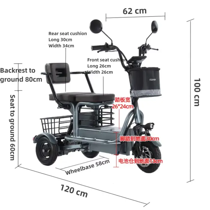 Tricycle électrique de 10 pouces pour personnes âgées/adultes
