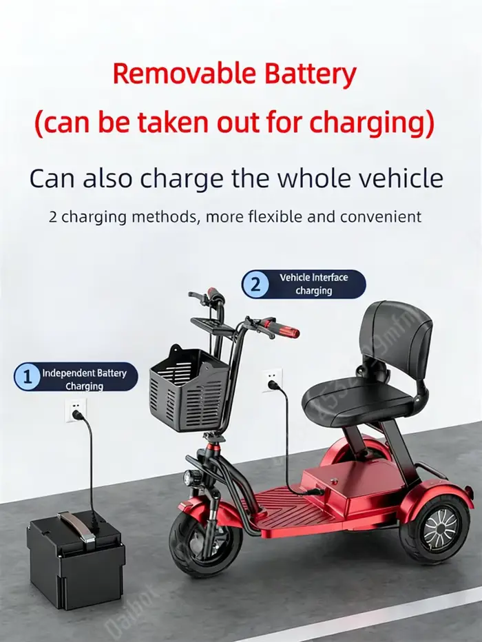 Scooter de mobilité pliable à 3 roues rouge et noir antivol avec barre de traction