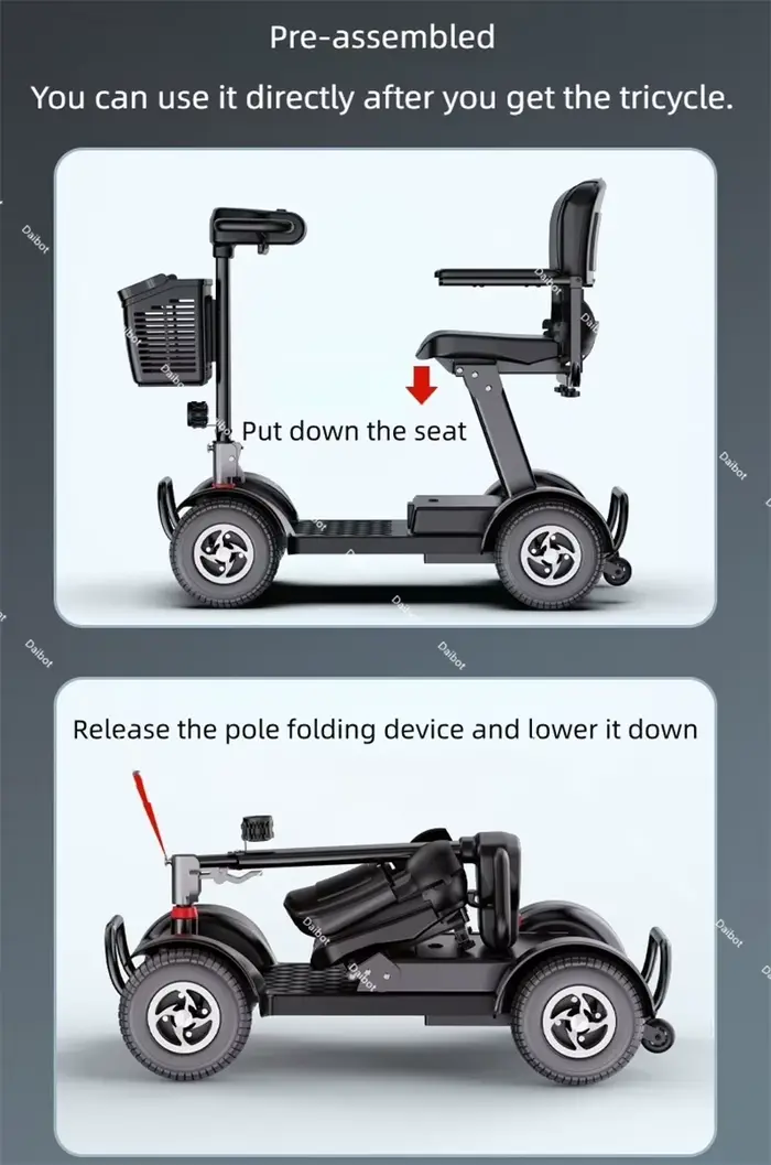 Famille personnes âgées 4 roues Scooter de mobilité électrique pliable handicap pré-assemblé avec main courante Saeat Scooters électriques pour adultes